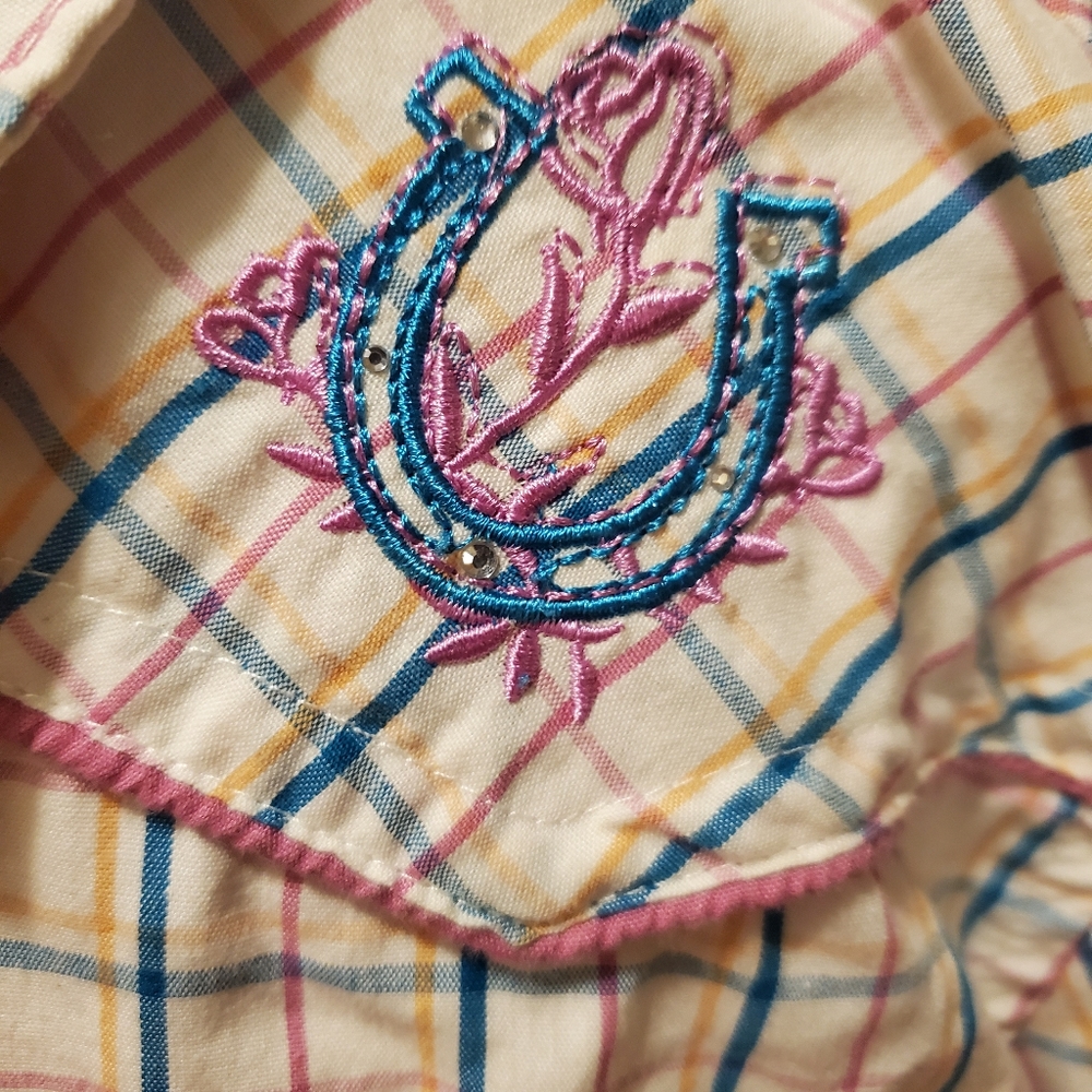 Bit & Bridle Cream Plaid Button-Down Shirt with Pink & Blue Embroidery